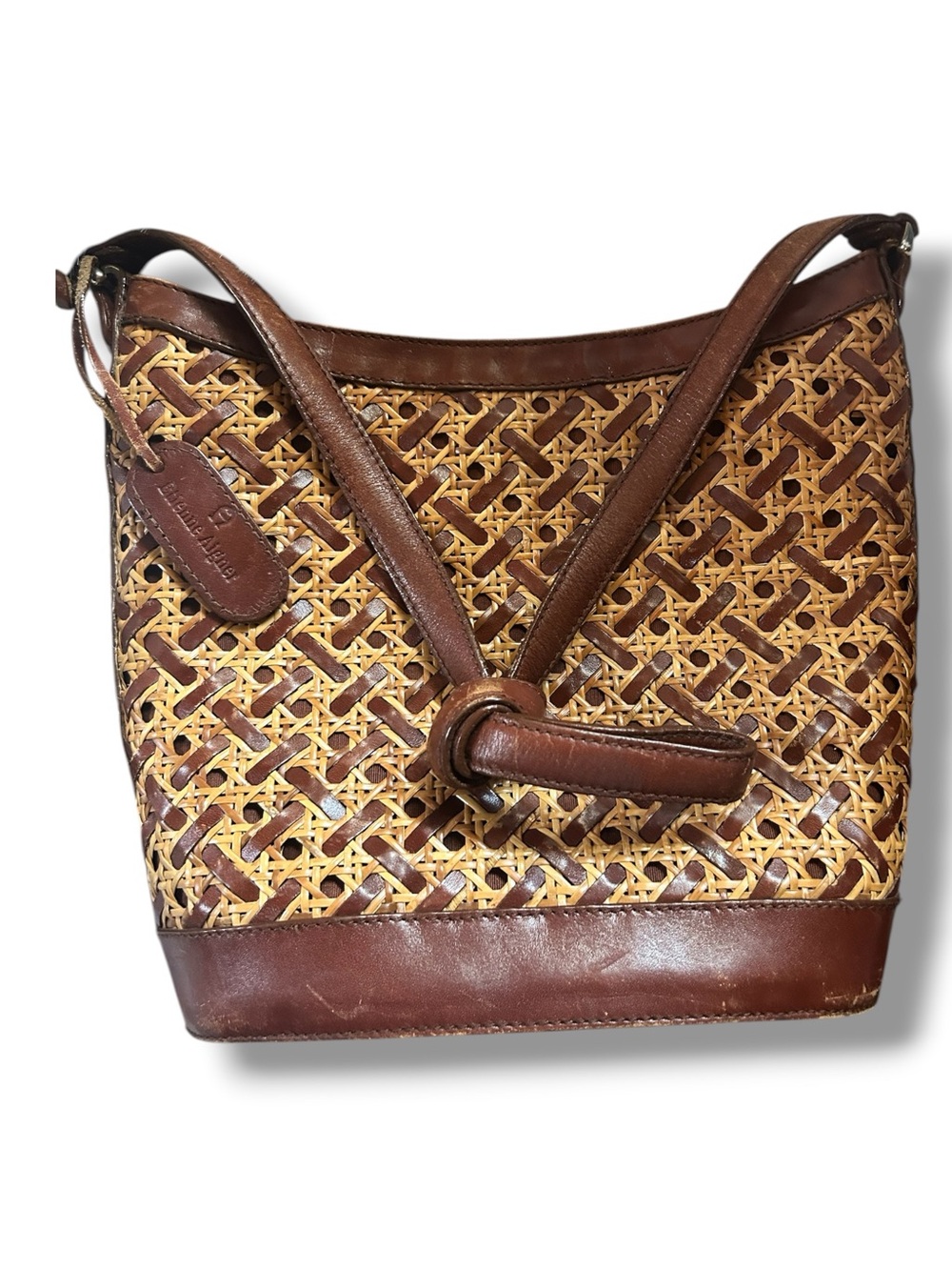 Vintage Aigner Woven Leather & Rattan Shoulder Bucket Bag Shoulder Strap Browns